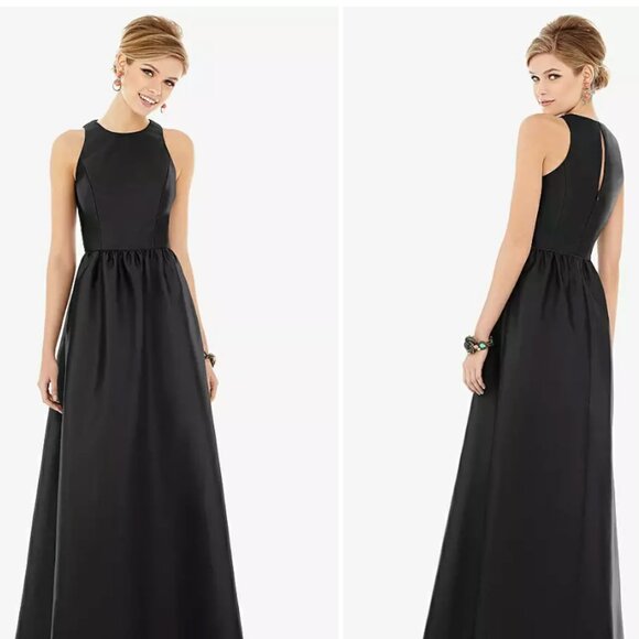 Alfred Sung · Style D707 · Satin Twill Sleeveless Keyhole Back Black Maxi Dress - Picture 1 of 3